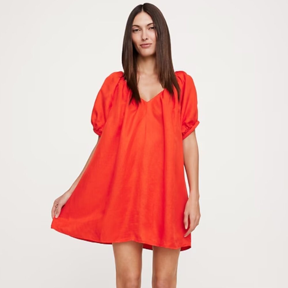 BANANA REPUBLIC MINI DRESS BLOOD ORANGE LINEN VISCOSE OVERSIZED L NWOT - Picture 2 of 7